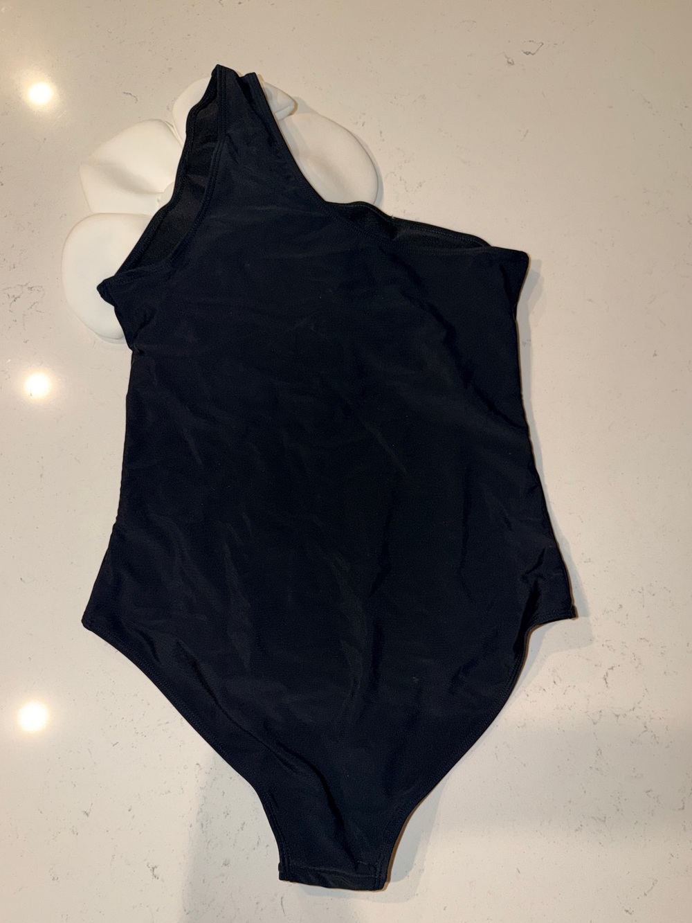 One-Shoulder Black Swimsuit with White Floral Accent, Size L - Picture 6 of 7